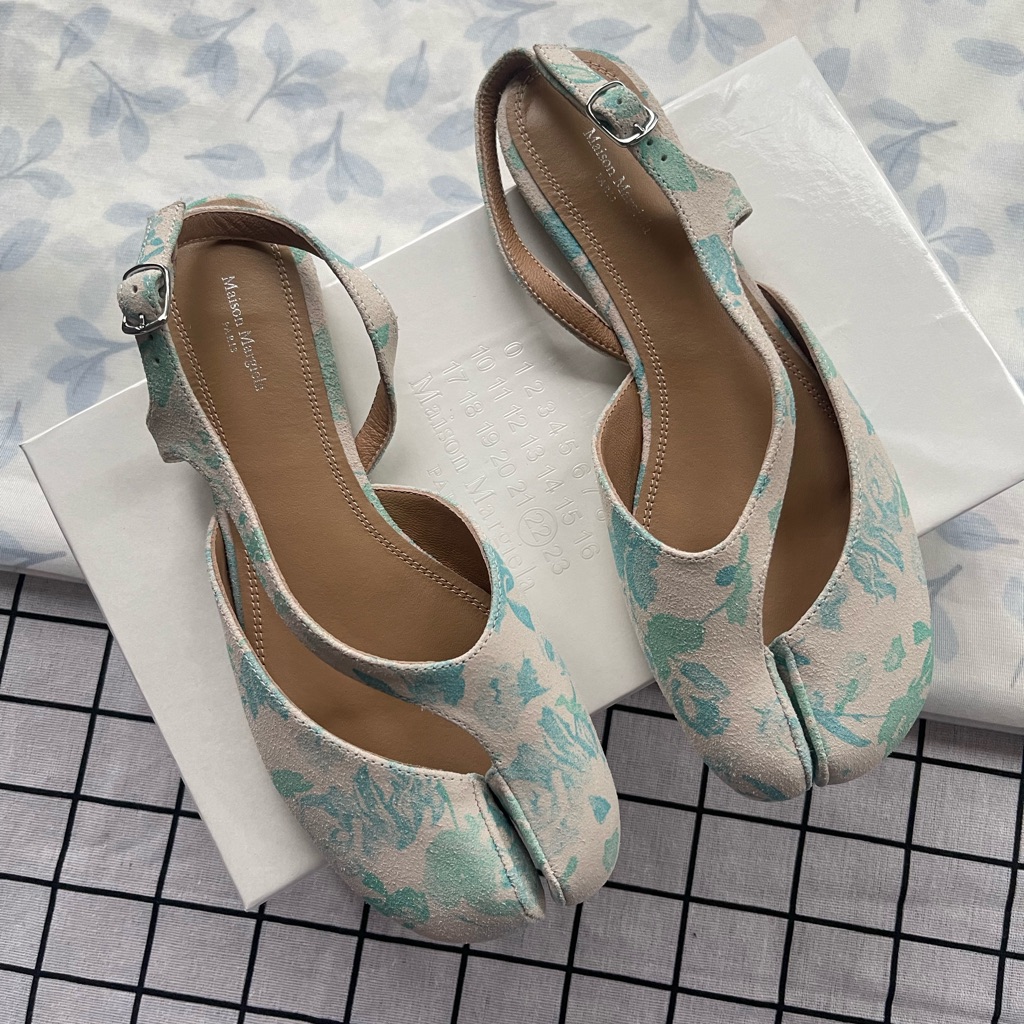 Mint Floral Split-Toe Slingback Flats